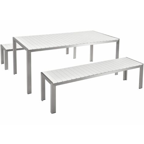 Arredamento da Giardino Set di Tavolo e Panchine in Legno e Alluminio da Esterno Bianco NARDO