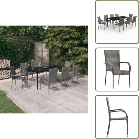Arredamento da giardino - vidaXL Set da Pranzo per Giardino 9 pz con Cuscini Grigio e Nero - Tavolo in vetro