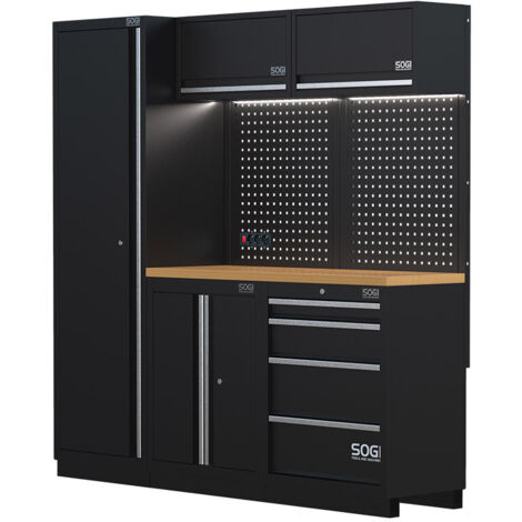 Arredamento modulare in lamiera SOGI ARR-OFF-1960-L per officina e garage - piano in legno - 1960x465x2000 mm