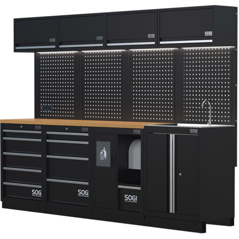Arredamento modulare in lamiera SOGI ARR-OFF-2720-L per officina e garage - piano in legno - 2720x465x2000 mm