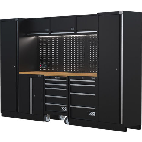 Arredamento modulare in lamiera SOGI ARR-OFF-3240-L per officina e garage - piano in legno - 3240x465x2000 mm
