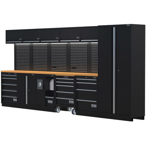 Arredamento modulare in lamiera SOGI ARR-OFF-4320-L per officina e garage - piano in legno - 4315x465x2000 mm