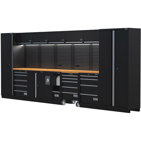 Arredamento modulare in lamiera SOGI ARR-OFF-4920-L per officina e garage - piano in legno - 4915x465x2000 mm