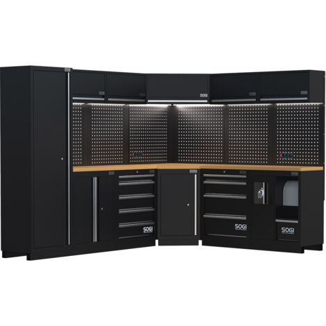 Arredamento modulare in lamiera SOGI ARR-OFF-4940-L per officina e garage - piano in legno - 4940x465x2000 mm