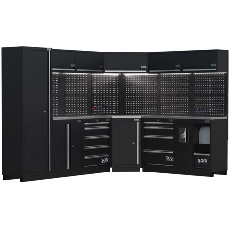 Arredamento modulare in lamiera SOGI ARR-OFF-4940 per officina e garage - piano in acciaio inox - 4940x466x2000 mm