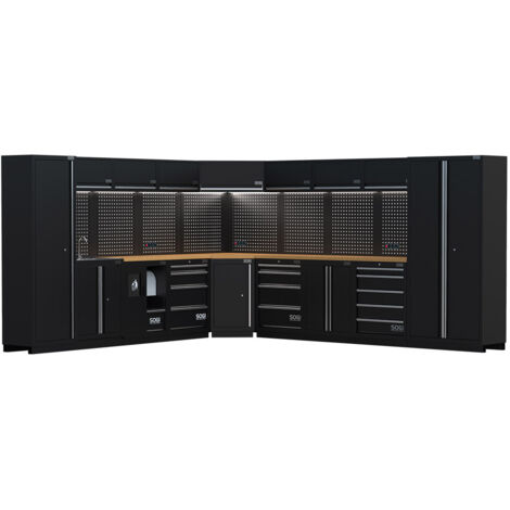 Arredamento modulare in lamiera SOGI ARR-OFF-7215-L per officina e garage - piano in legno - 7215x465x2000 mm