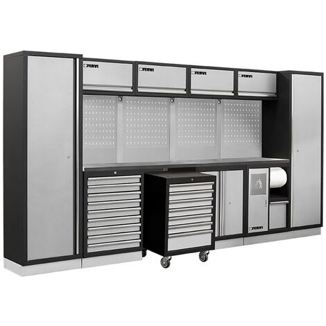 Arredamento modulare officina con piano in inox armadi cassettiere Fervi a008p