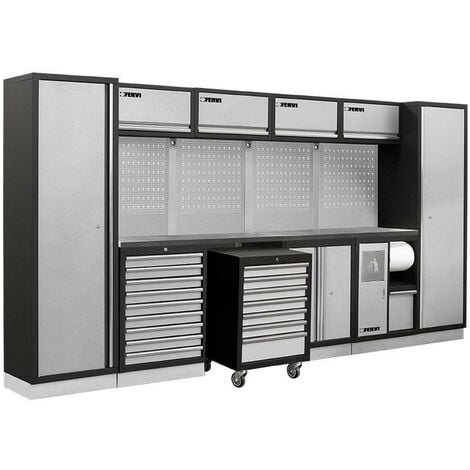 Arredamento modulare officina con piano in inox armadi cassettiere Fervi a008p