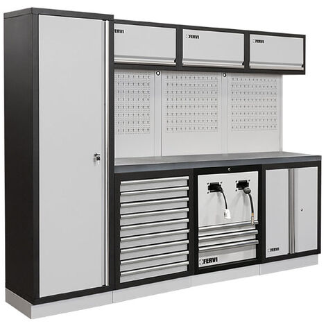 Arredamento modulare officina garage FERVI A008UF - 2640 x 498 x 2000 h mm - piano in acciaio inox
