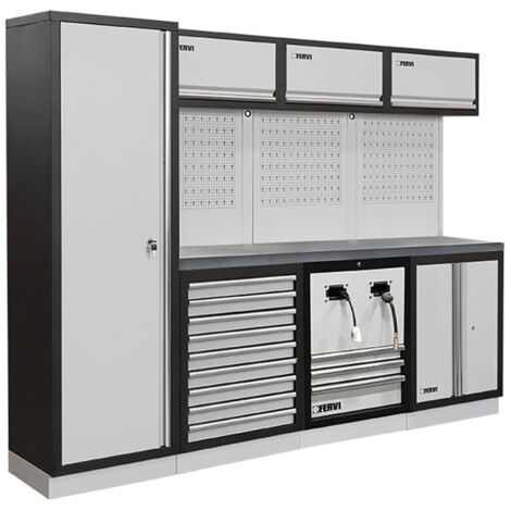 Arredamento modulare officina garage FERVI A008UF - 2640 x 498 x 2000 h mm - piano in acciaio inox