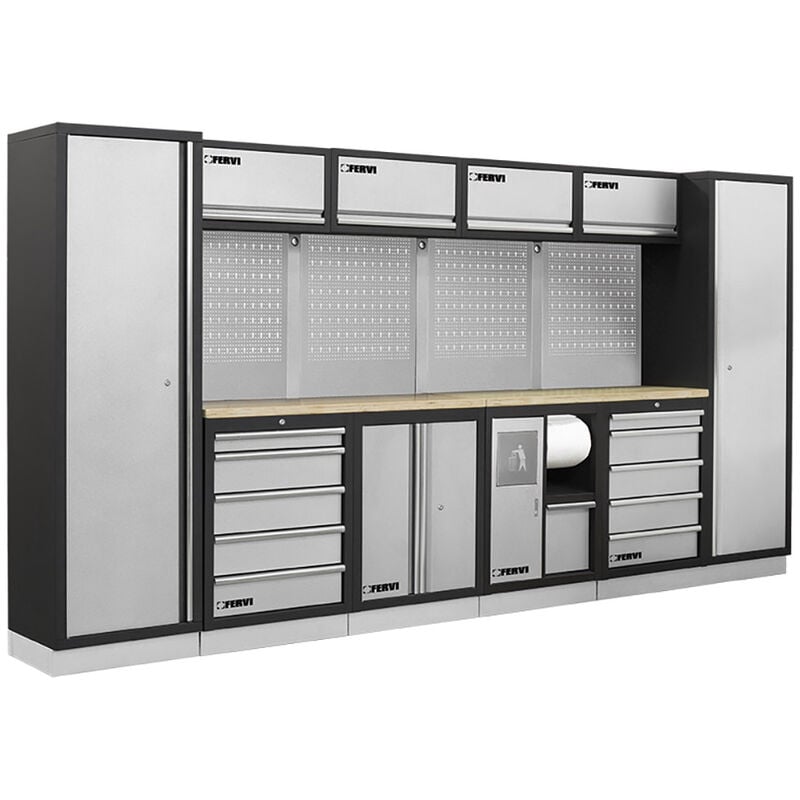 Fervi - Arredamento modulare per officina A007B - 3920 x 498 x 2000 h mm - piano in legno