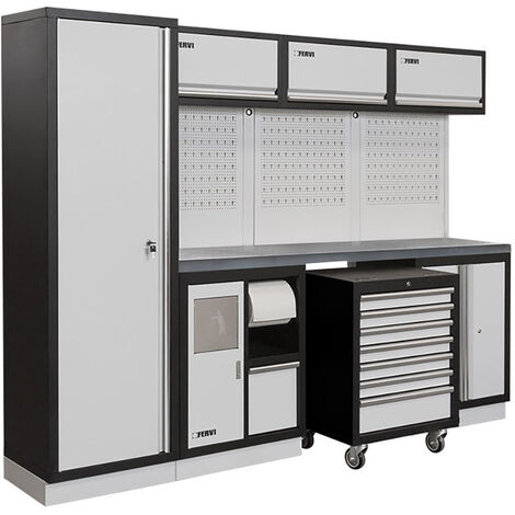 Arredamento modulare per officina FERVI A008E - 2640 x 498 x 2000 h mm - piano in acciaio inox