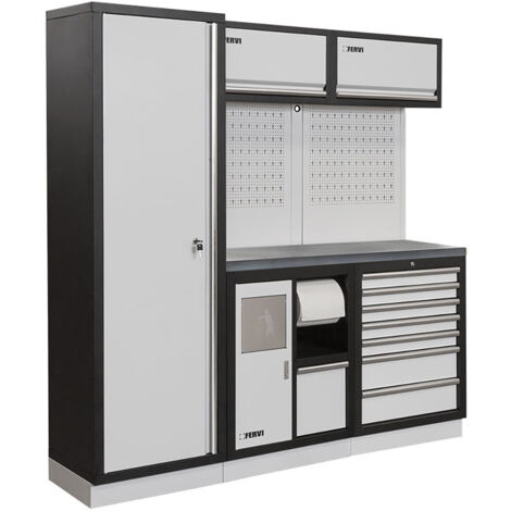 Arredamento modulare per officina FERVI A008I - 1960 x 498 x 2000 h mm - piano in acciaio inox