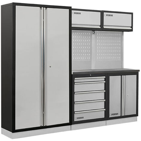Arredamento modulare per officina garage FERVI A008U - 2640 x 498 x 2000h mm - piano in acciaio inox