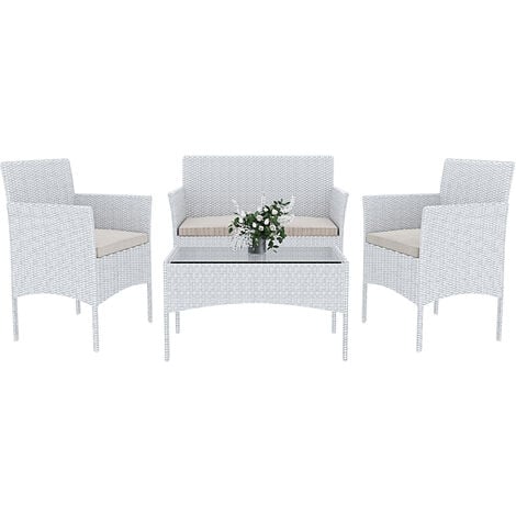 Arreditaly Set Di Mobili da Giardino Salotto Salottino in Rattan 4 Posti con Tavolino E Ripiano In Vetro 2 Poltrone e Divano 2 Posti Per Giardino Esterno Piscina Cuscini Sfoderabili (Bianco)