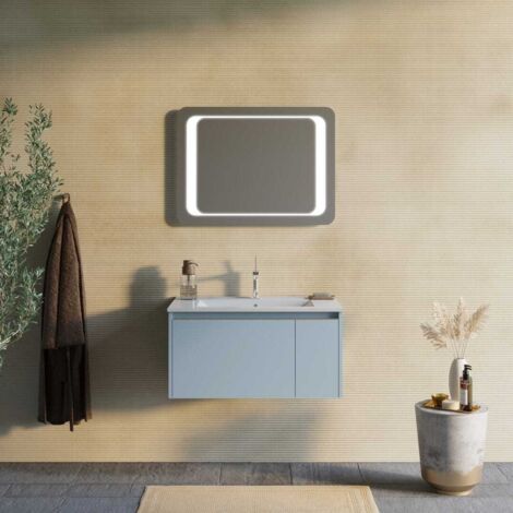 Arredo Bagno Sospeso 80Cm Celeste E Specchio Con Cornice Led  Monaco