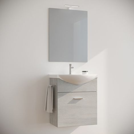 Mobile Bagno Con Specchio E Lavabo.Arredo Mobile Bagno Salvaspazio Sospeso 60 Cm Rovere Bianco Con Lavabo In Ceramica Specchio E Luce Ginestra 12900712