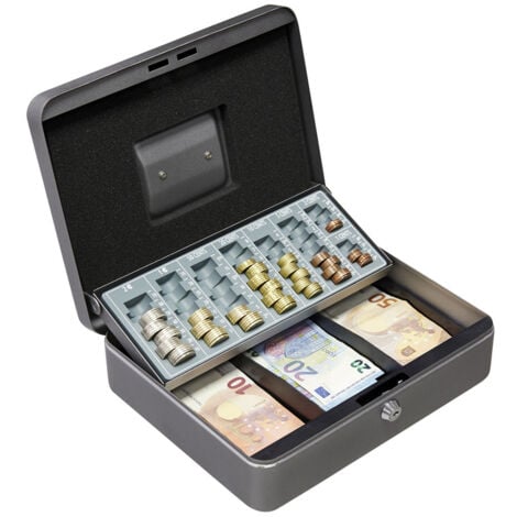 ARREGUI Cashier C9246-EUR Caja Caudales con Llave para Contar y Transportar Dinero Caja de Seguridad de acero con bandeja organizador de Monedas y Billetes Caja fuerte portatil Gris grafito