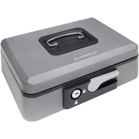 Arregui – Coffre-fort portatif en acier 25 cm – Compartiment pièces et billets – Ouverture clé et bouton – Poignée en acier nickelé – Gris graphite - C9736