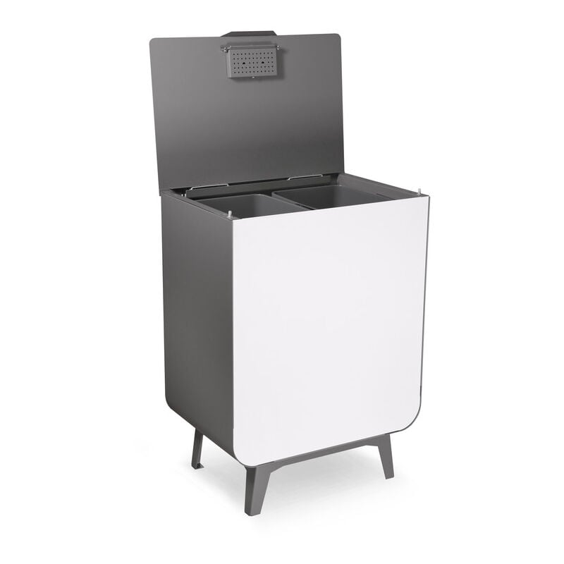 Arregui - Duplo Meuble poubelle de recyclage en acier, poubelle de tri selectif, 2 seaux, Poubelle design avec pieds, 2 x 26 l (52 l), Gris & Blanc