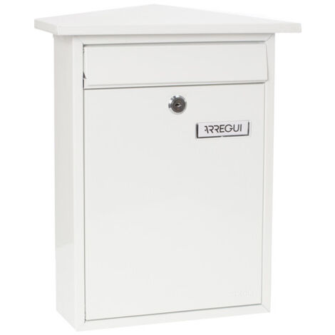 ARREGUI Home E5711 Briefkasten aus Verzinktem Stahl, Größe M (DIN A4 Post), Wandbriefkasten für den Außenbereich mit Namensschild, Einwurfklappe und Schutzdach, Schmaler Postkasten, Weiß