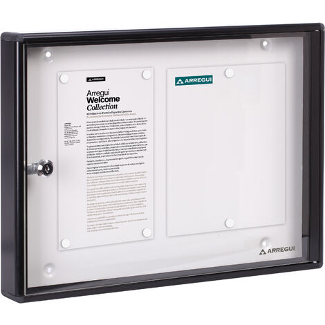 ARREGUI PAN44 Panneau d'affichage en aluminuim, vitrine d'affichage avec serrure à clé, fond aimanté, 8 aimants, 35 x 48 x 5 cm, format 2 x A4 Noir