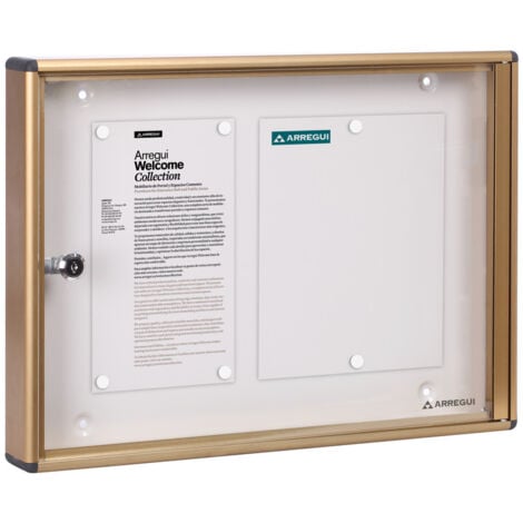 ARREGUI PAN46 Panneau d'affichage en aluminuim, vitrine d'affichage avec serrure à clé, fond aimanté, 8 aimants, 35 x 48 x 5 cm, format 2 x A4 Dorée