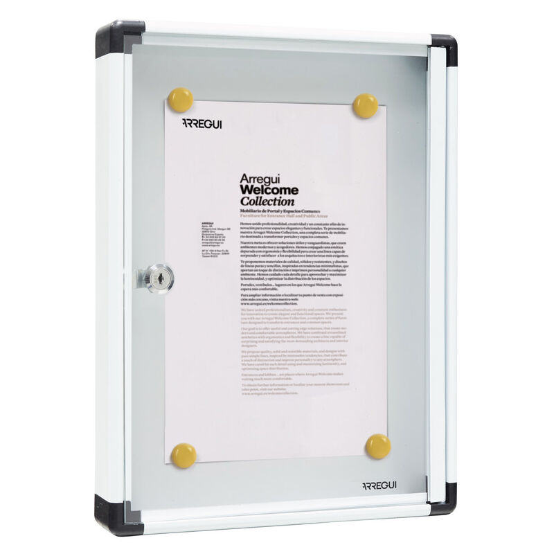 ARREGUI PAN51 Panneau d'affichage en aluminuim, vitrine d'affichage avec serrure à clé, fond aimanté, 8 aimants, 40 x 30 x 5 cm, format 1 x A4 Blanc