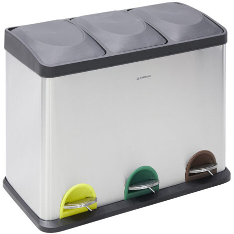 ARREGUI Step Bin CR705-45L Poubelle de recyclage avec pédale d'ouverture, en acier inoxydable, 3 seaux, 3 x 15L (45L)