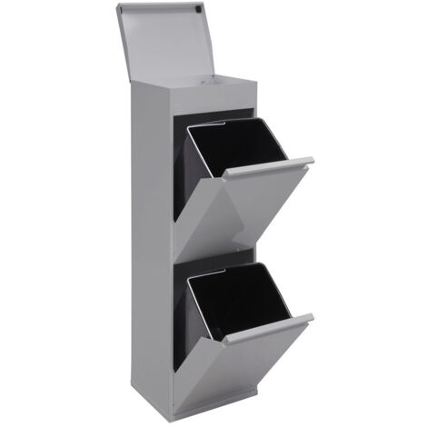 ARREGUI Top CR222-B Recycling Abfalleimer / Mülleimer aus Stahl mit Aufbewahrungsbox mit Deckel, Mülltrennsystem mit 2 entnehmbaren Inneneimern aus Kunststoff mit Griff, 2 x 17L (34 L), hellgrau - grau