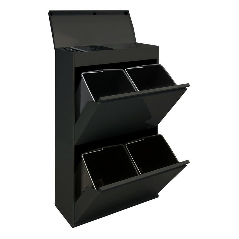 Arregui - Top Poubelle de recyclage en acier, poubelle de tri sélectif, 4 seaux, avec plateau supérieur multifonction, 4 x 17L (68L), Noir CR626-B