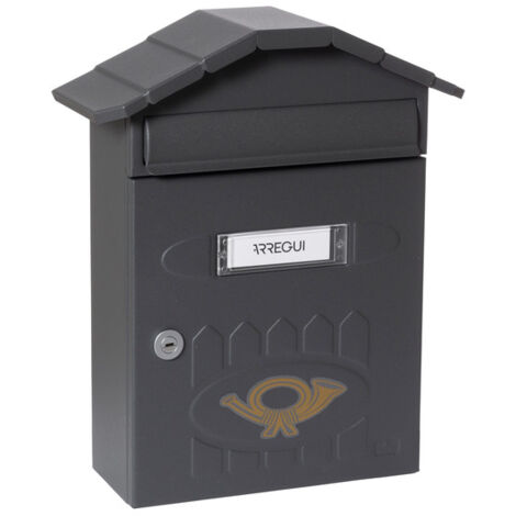 ARREGUI Villa E5004 Briefkasten aus verzinktem strukturlackiertem Stahl, Größe M (DIN A4 Post), Wandbriefkasten für den Außenbereich mit Namensschild, Einwurfklappe und Schutzdach, schwarz