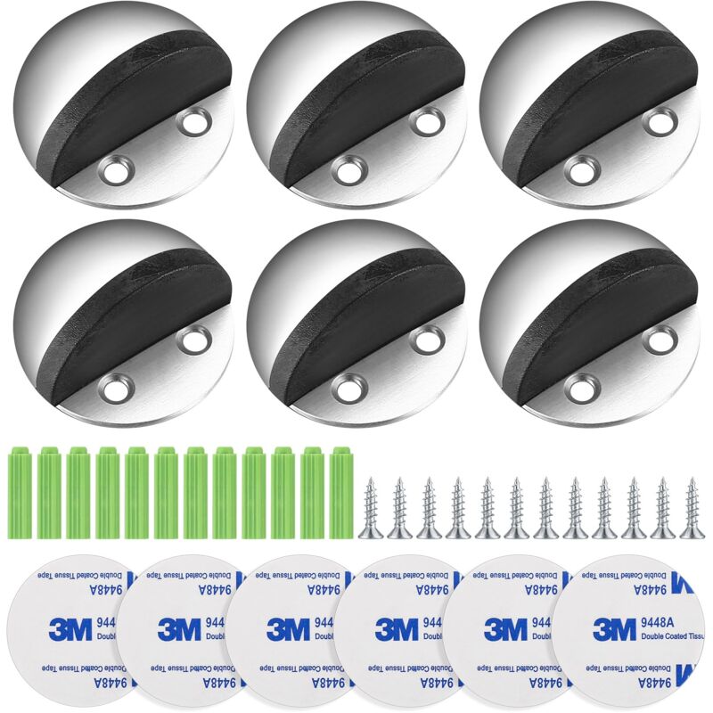 Arrêts de Portes, 6 Pièces Arrêts et Butées de Porte en Acier Inoxydable, Bloque Porte Sol Adhesive avec Pare-Chocs en Caoutchouc pour Protéger