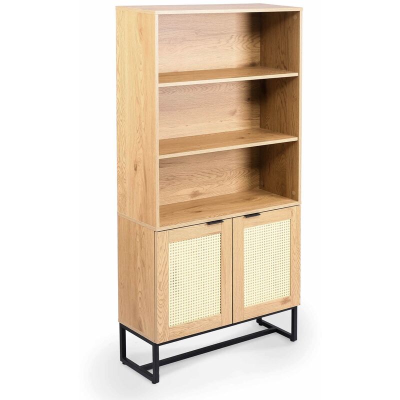 mobilier deco - arriane bibliotheque scandinave 2 portes etageres en bois metal et cannage bois