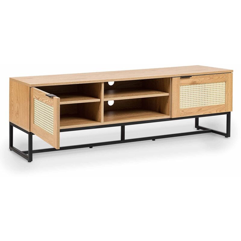 mobilier deco - arriane meuble tv scandinave 2 portes en bois metal et cannage bois