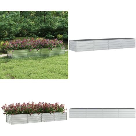 Arriate de acero galvanizado plateado 320x80x45 cm - Macetero para jardín - Macetero para balcones