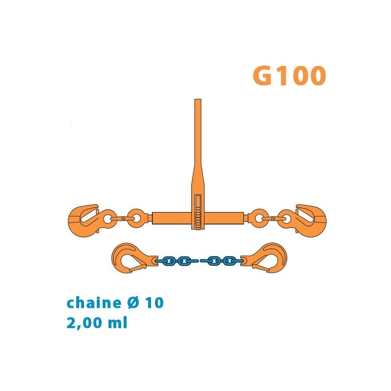 Moncoffrage - Arrimage Grade 100 (avec 2 raccourcisseurs G100) + 2.00 mètres de chaine ø 10 Grade 100 (avec 2 crochets à linguet G100)
