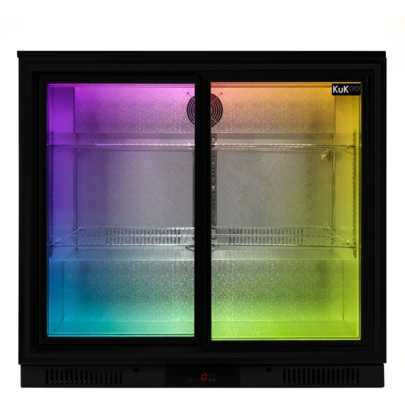 Arrière-Bar Réfrigéré de Porte Coulissante Double en Inox Noir - Réfrigérateur Pour Bar, Éclairage Multicolore Réglable Domestique Professionel