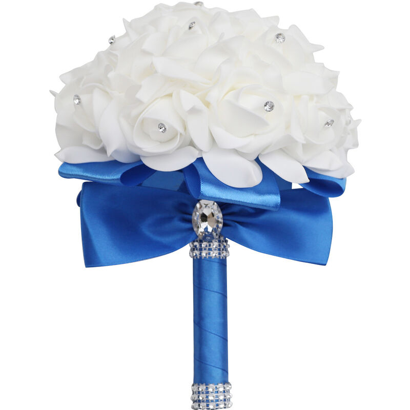 Gotrays - Arrivée de fleurs artificielles roses bouquet de mariage soie satin ruban champagne demoiselles d'honneur partie de mariée-bleu