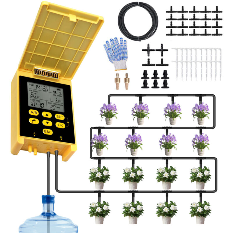 Arrosage automatique solaire à double pompe avec écran et kit goutte-à-goutte pour 20 plantes,15m