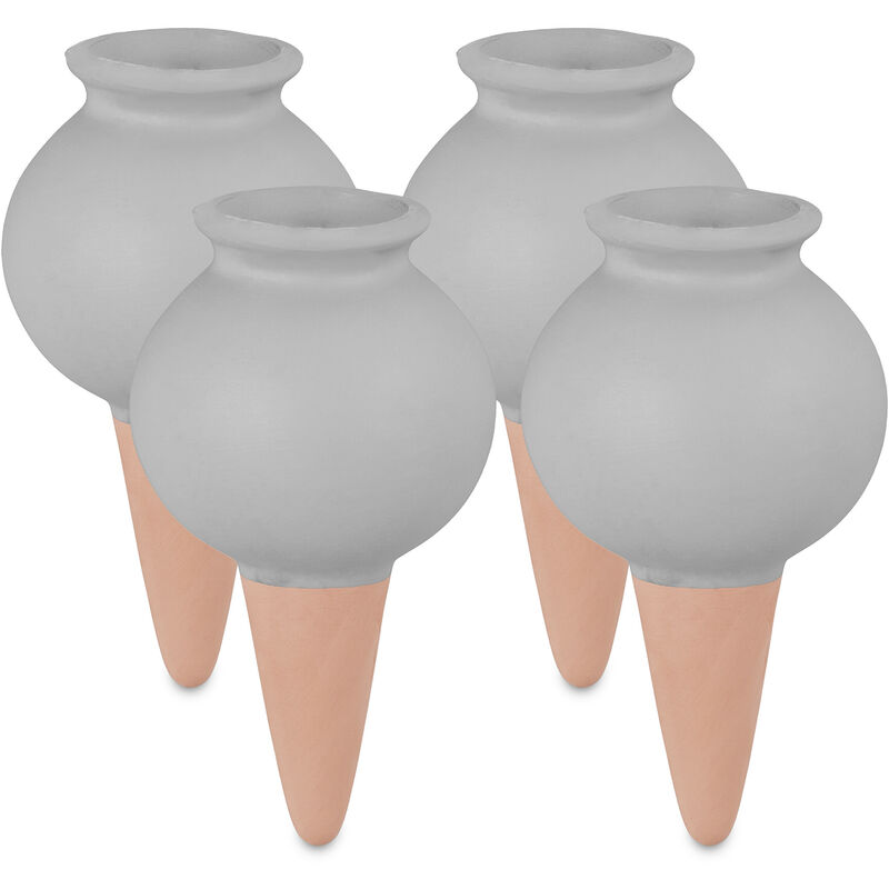 Arrosage en terre cuite, lot de 4, 100 ml chacun, pour intérieur (chambre) ou extérieur (balcon), gris/marron - Relaxdays