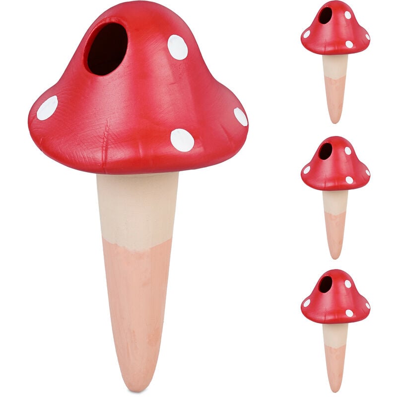 Relaxdays - Arrosage en terre cuite, lot de 4, 110 ml chacun, pour plantes, en forme de champignon, marron et rouge