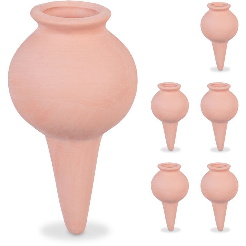 Arrosage en terre cuite, lot de 6, arrosage automatique, pour intérieur (chambre) & extérieur (balcon), marron - Relaxdays