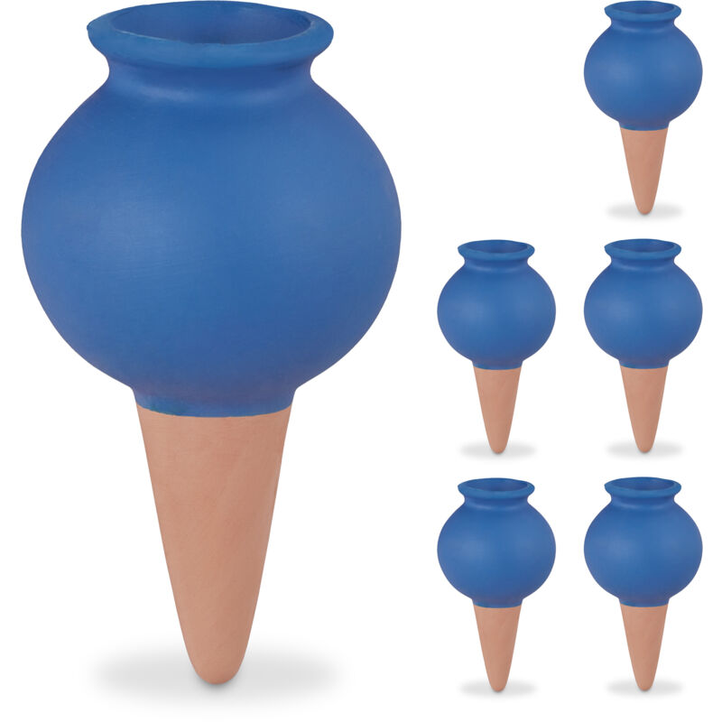 Arrosage en terre cuite, lot de 6, céramique, pour intérieur (chambre) et extérieur (balcon) bleu et marron - Relaxdays