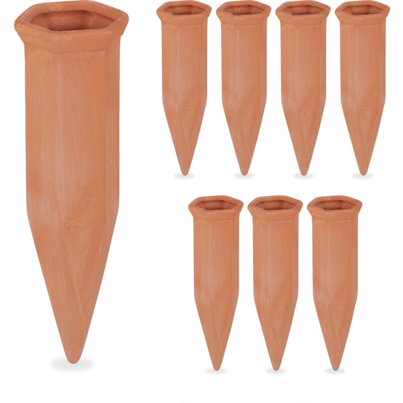 Relaxdays Arrosage en terre cuite, lot de 8, bouteilles PET 1,5 L, intérieur (chambre) et extérieur (balcon), marron