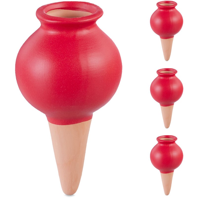 Arrosage en terre cuite, lot pratique de 4, pour plantes d'intérieur et d'extérieur, marron et rouge - Relaxdays