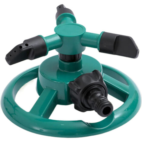 Arroseur de jardin à 3 bras, rotation à 360°, système d'irrigation automatique pour grandes surfaces, arrosage uniforme et vert.