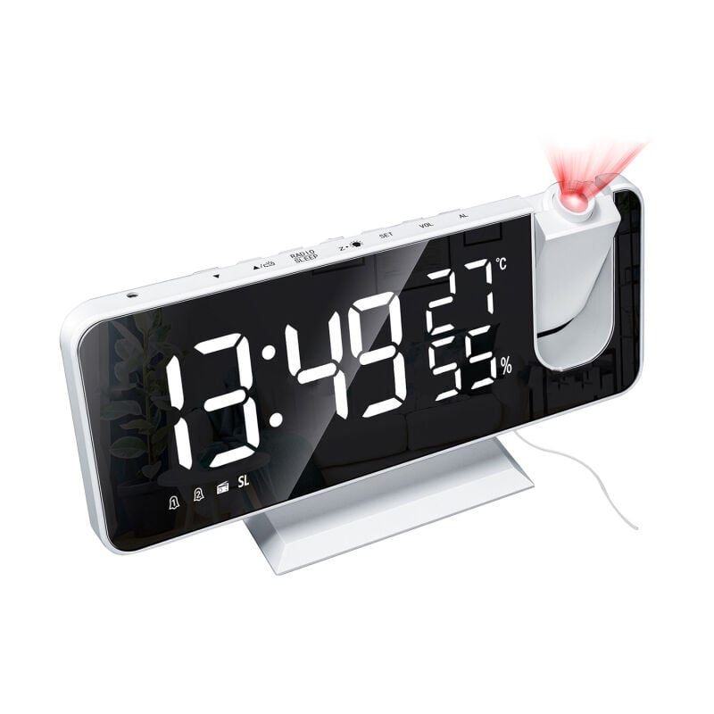 LIFCAUSAL - Réveil Projecteur Numérique avec Surface Miroir 4-en-1 – Moniteur de Température/Humidité Intérieure, Radio FM, Chargeur de Téléphone et