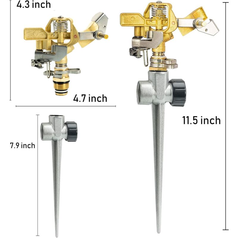 Arroseur de pelouse à impact en laiton applicable pour terrasse, tête d'arrosage à pulsation réglable robuste, base à pointe en aluminium, pour