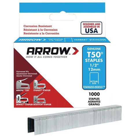 ARROW T50 Stainless Steel Staples 0.050 Wire, 12mm (1/2in) Box 1000